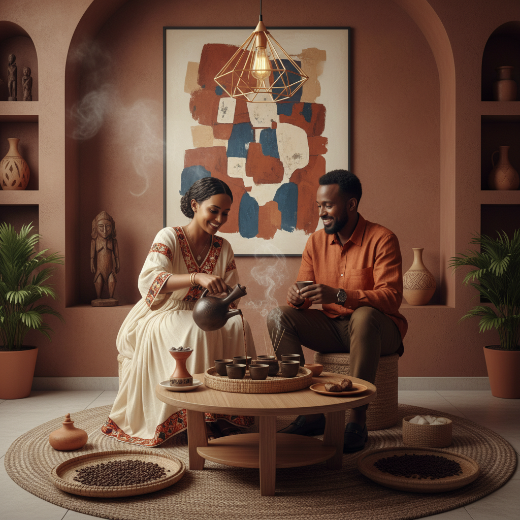 An Ethiopian couple sharing coffee in a warm home setting