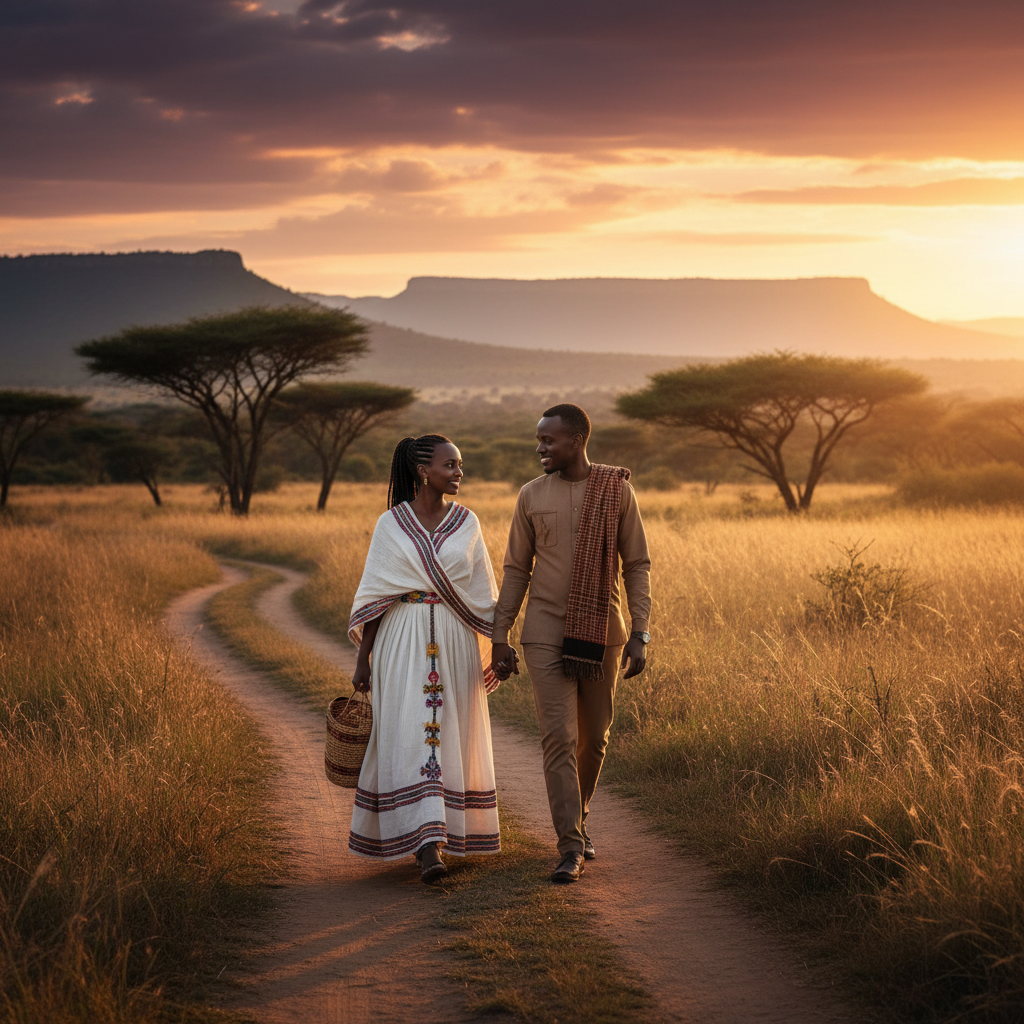 A couple walking through Ethiopian highland landscape at sunset