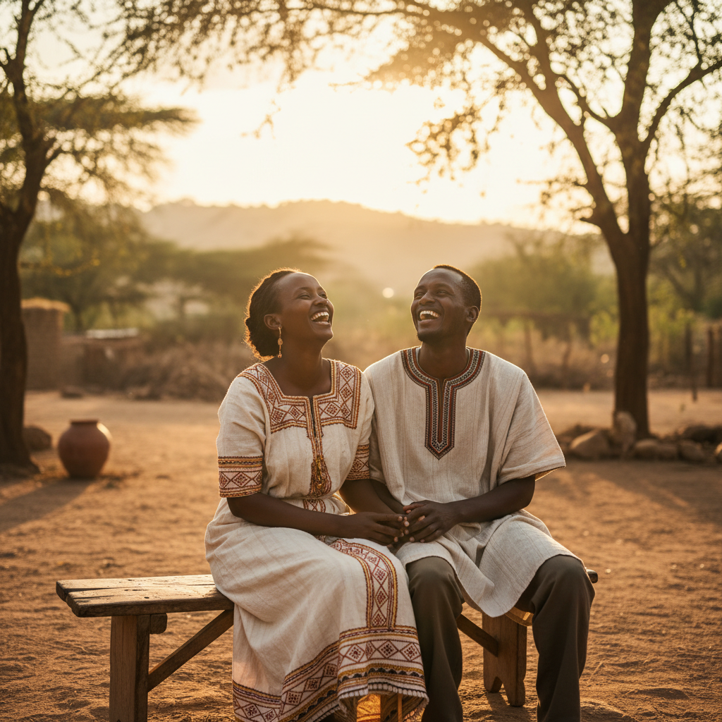 A smiling Ethiopian couple sitting together outdoors at golden hour